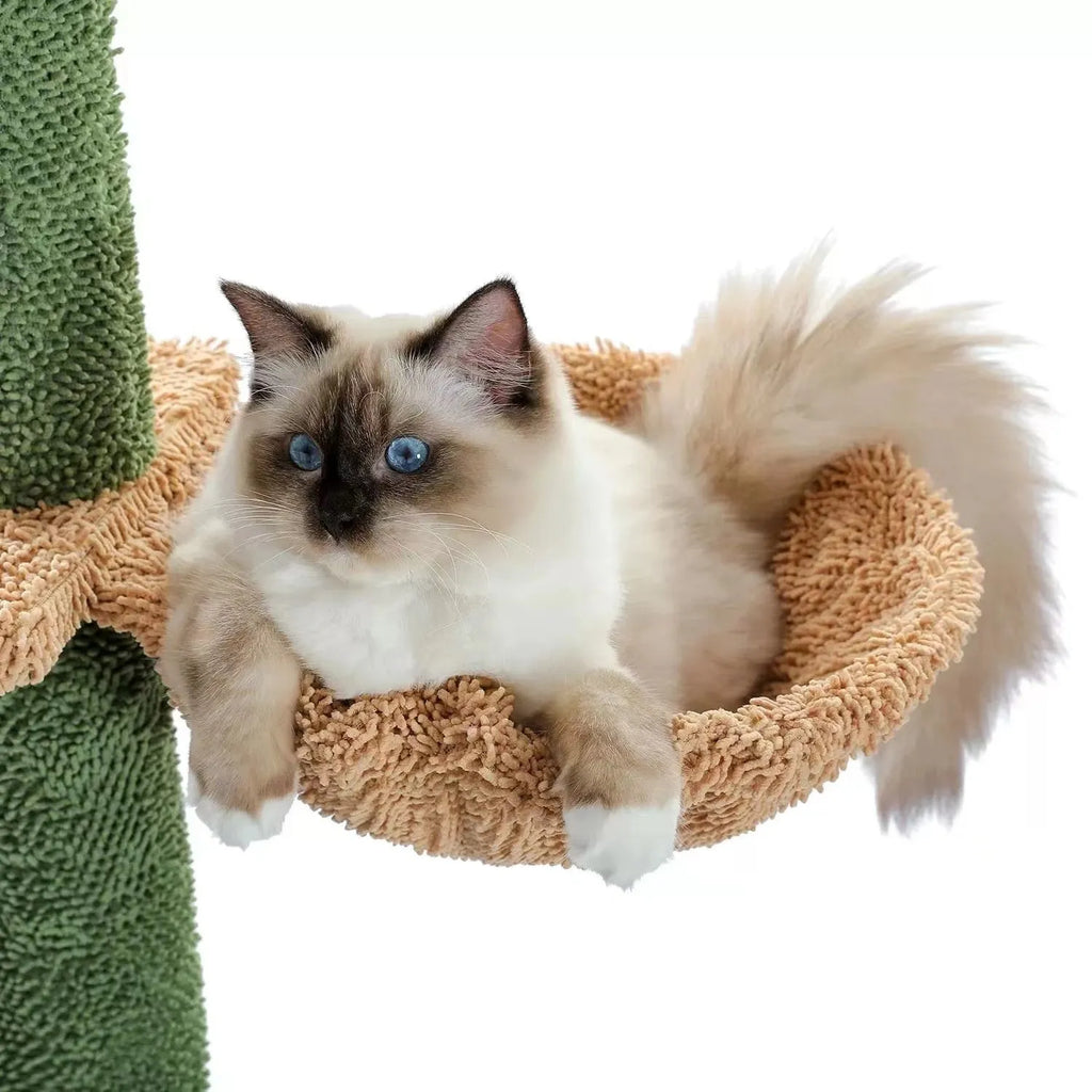 Tall solid wood cat climbing frame with integrated cat nest, scratch board, and hanging toy