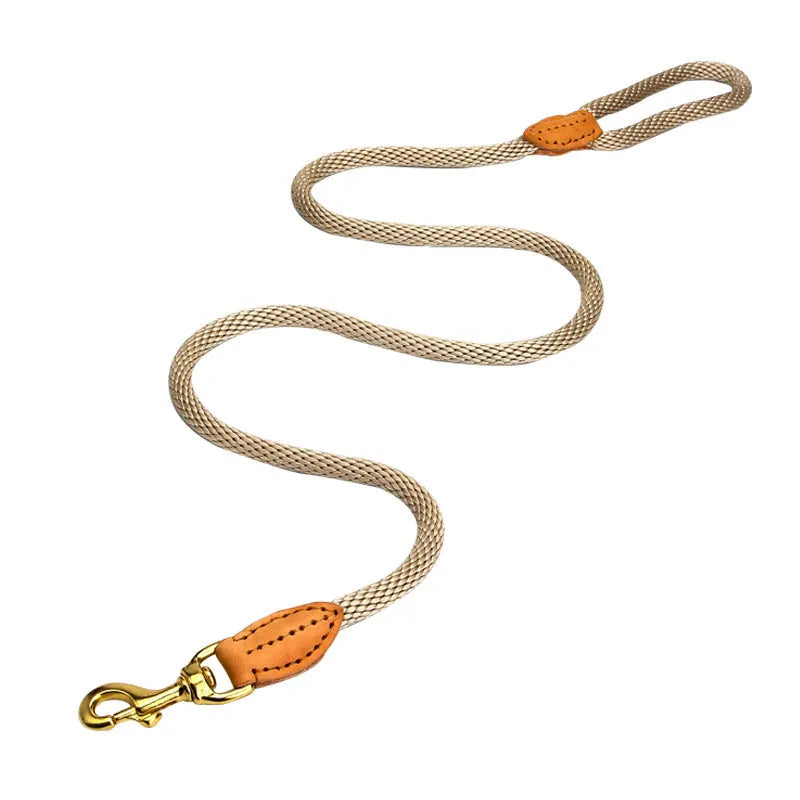 Nylon hand holding dog leash in black or brown with four diameter sizes for small to medium dogs.