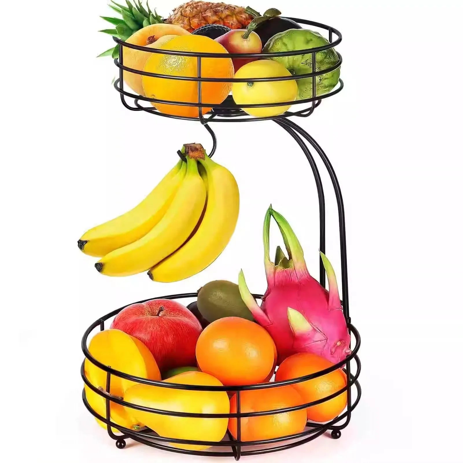 Black wrought iron double-layer fruit basket with two storage tiers.