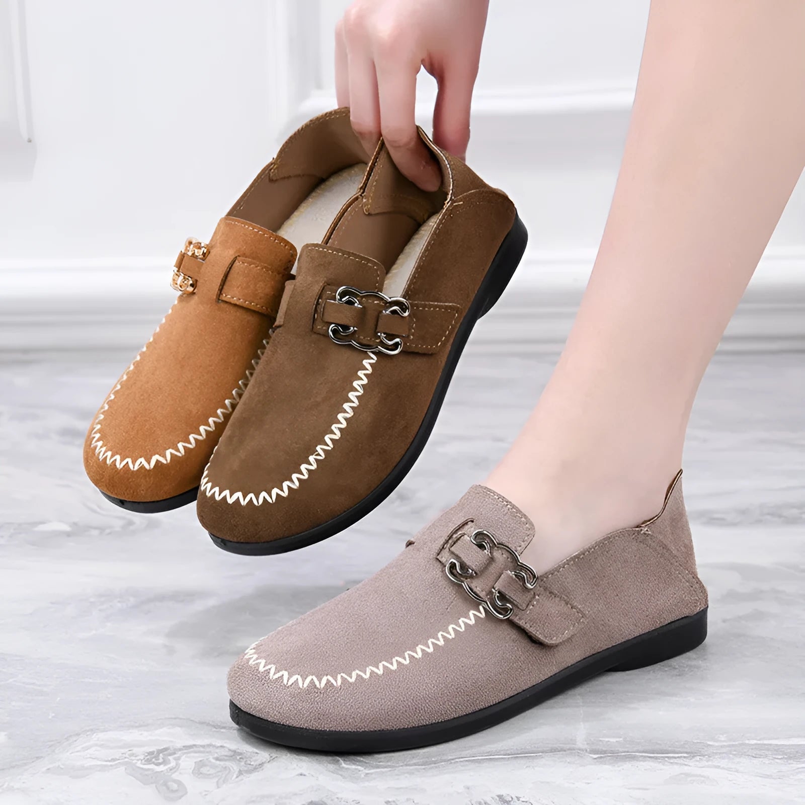 Soft bottom slip-on pumps for women breathable flat heel walking shoes L77 Brown colour