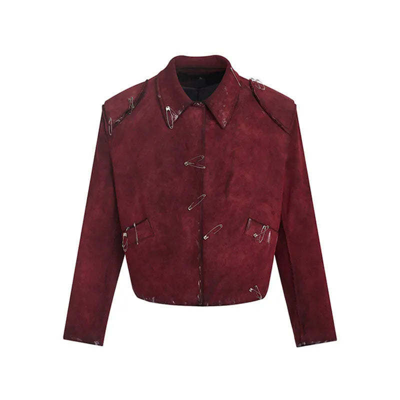 Men's red quilted jacket with decorative flocking and lapel collar in loose fit design
