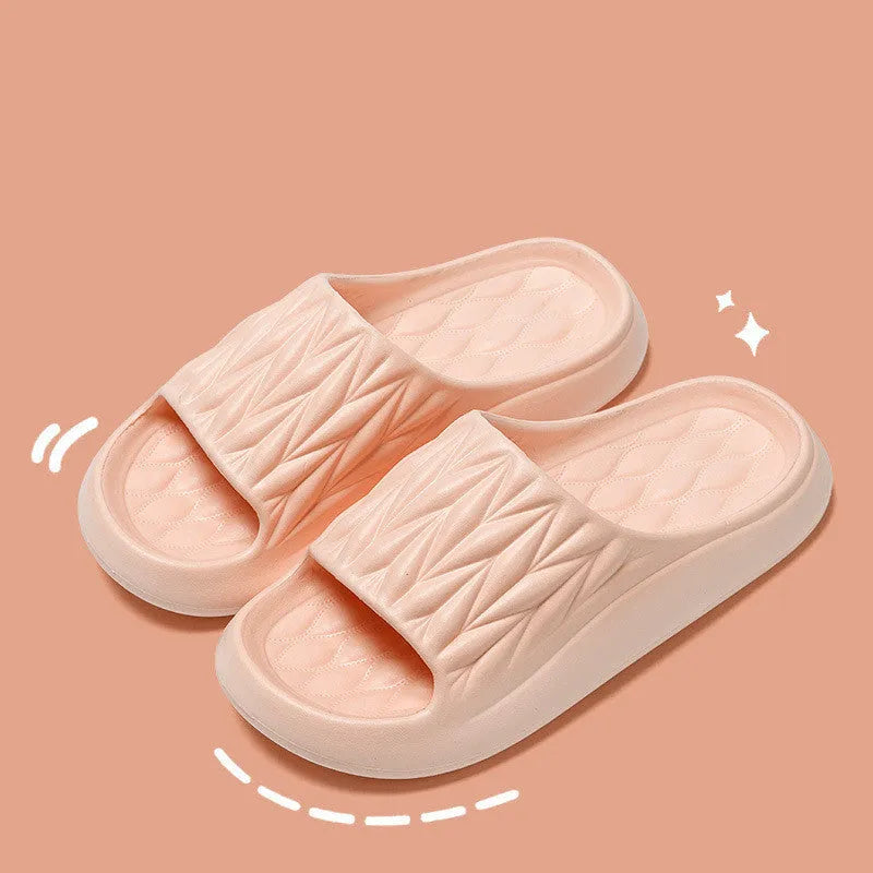 Leaf texture pattern EVA slippers for men and women in various colours on a white background.