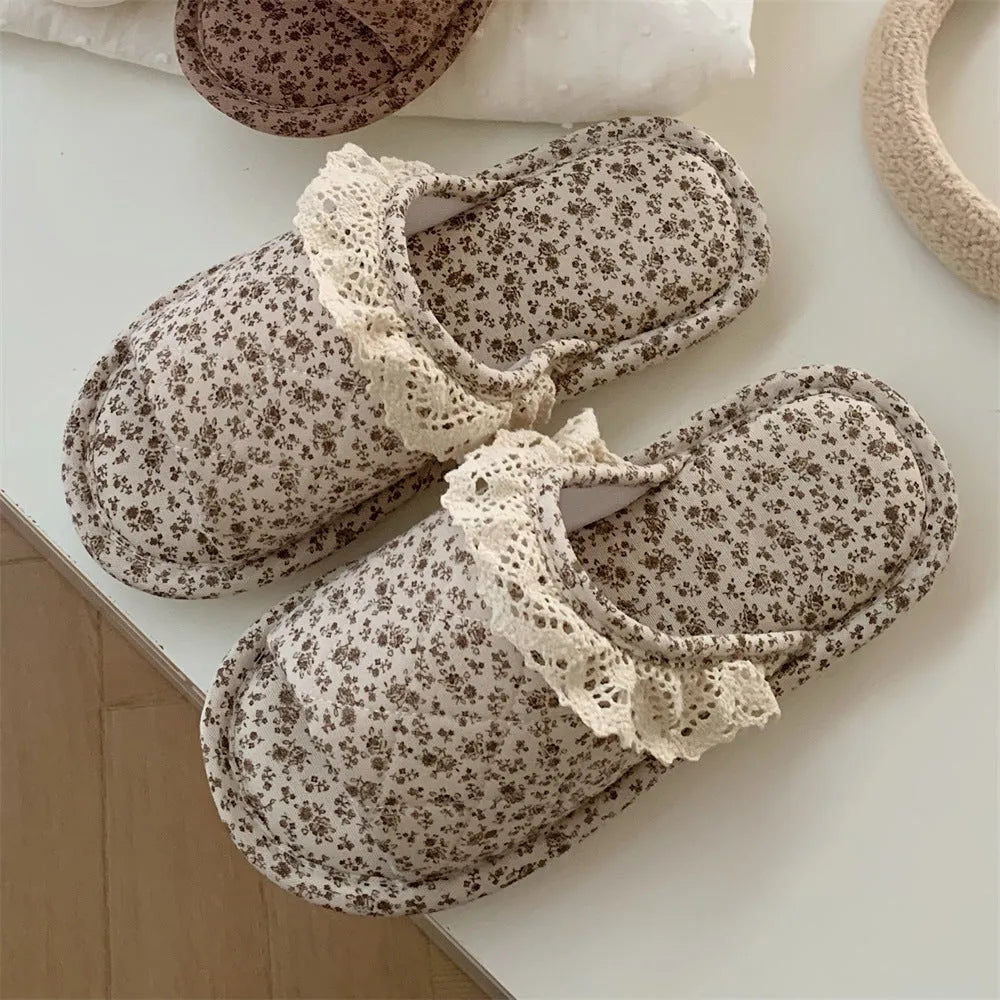 Brown Korean lace floral thickened linen slippers for women, PVC sole, indoor flip flop style