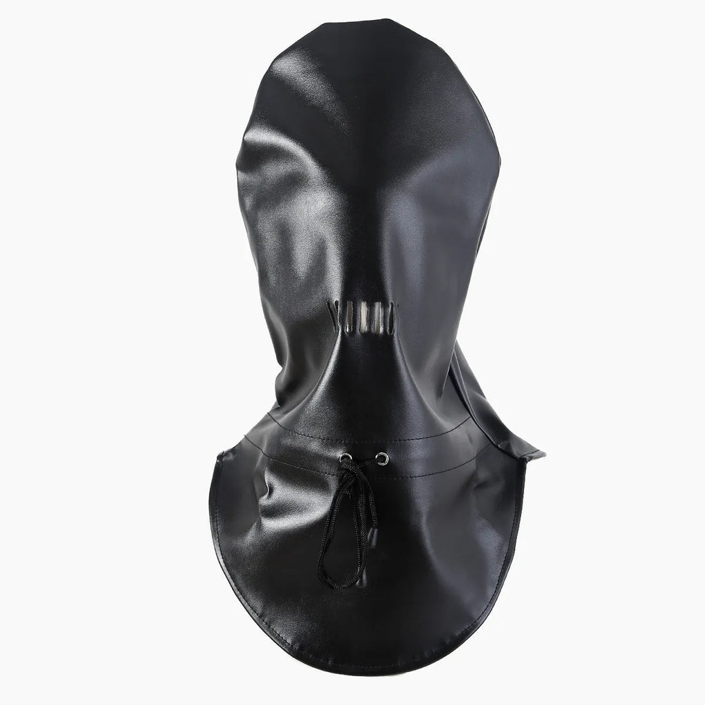Black leather adult face mask with breathable mesh eye area and adjustable fit straps