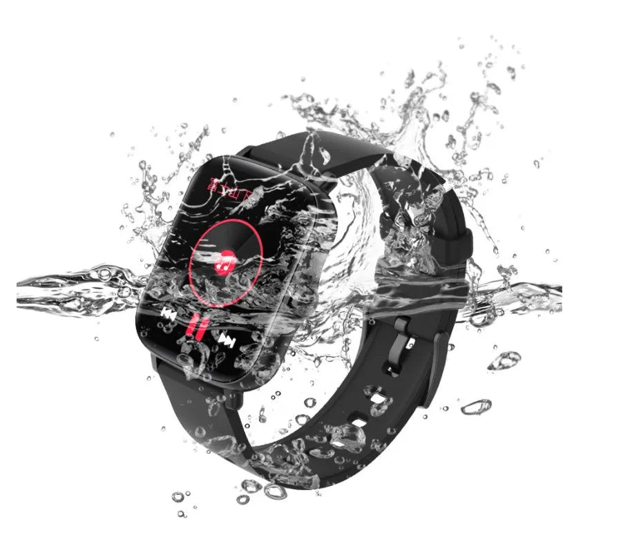 Black smart watch with 1.7-inch colour touch screen and adjustable strap on a wrist.