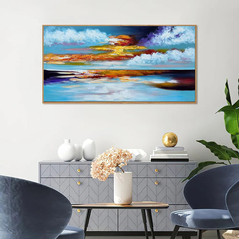 Large bright abstract hand painted oil painting on canvas showing seascape sunset in horizontal orientation