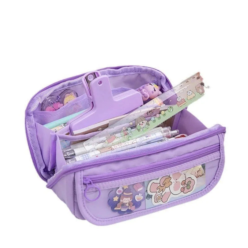 Canvas Korean-style pen case with ten-layer flip compartments open, showing internal sections.