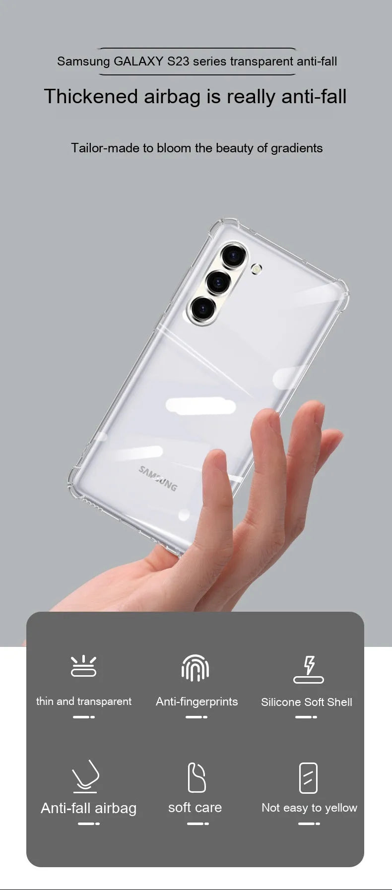 Transparent TPU phone case for Samsung Galaxy S23 with four-corner airbag protection