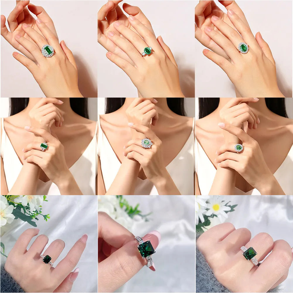 S925 sterling silver women's ring with Palaibahao emerald design and high carbon diamond inlay on ellipse shape.