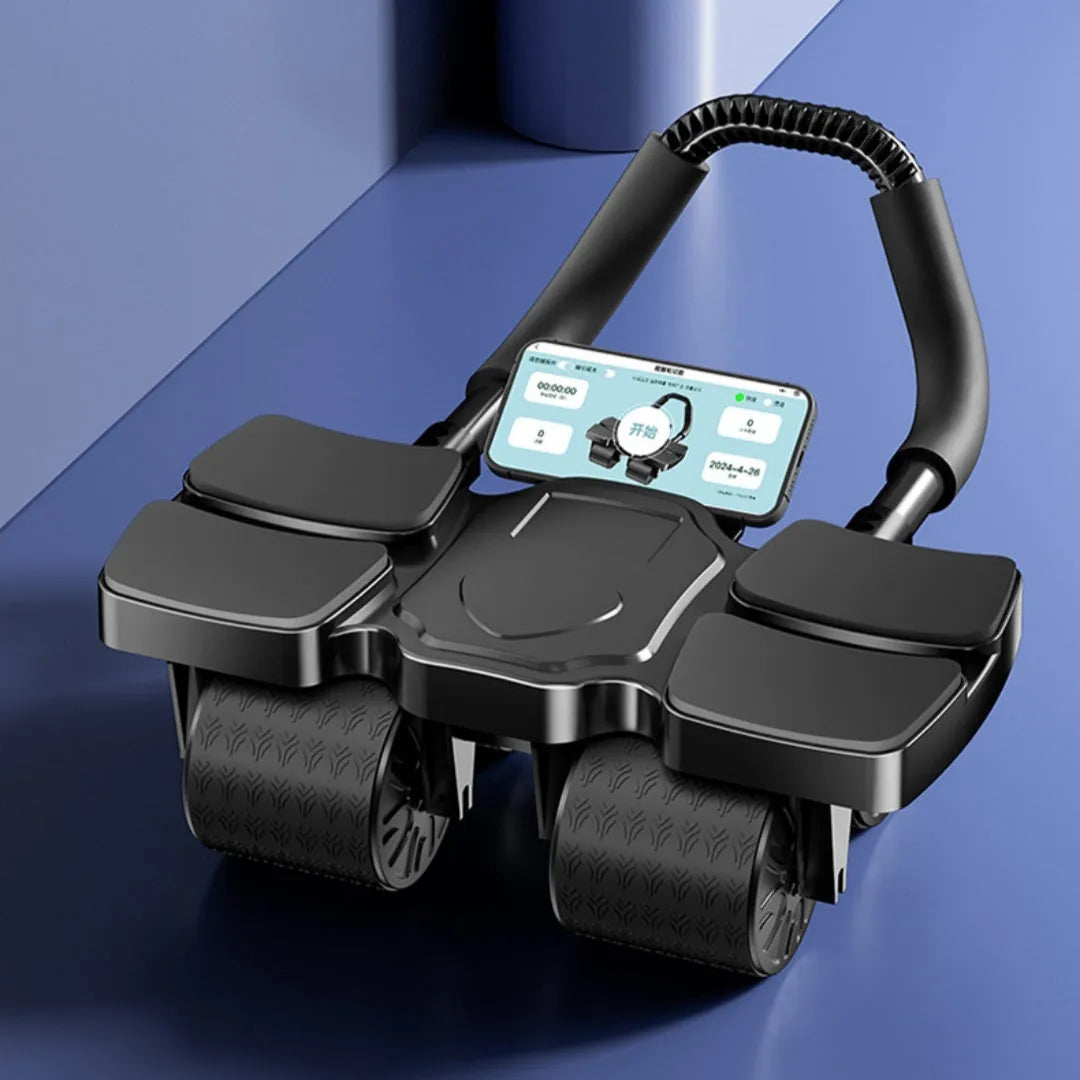 Black automatic rebound abdominal wheel with four blue wheels and textured handles on a wooden floor.