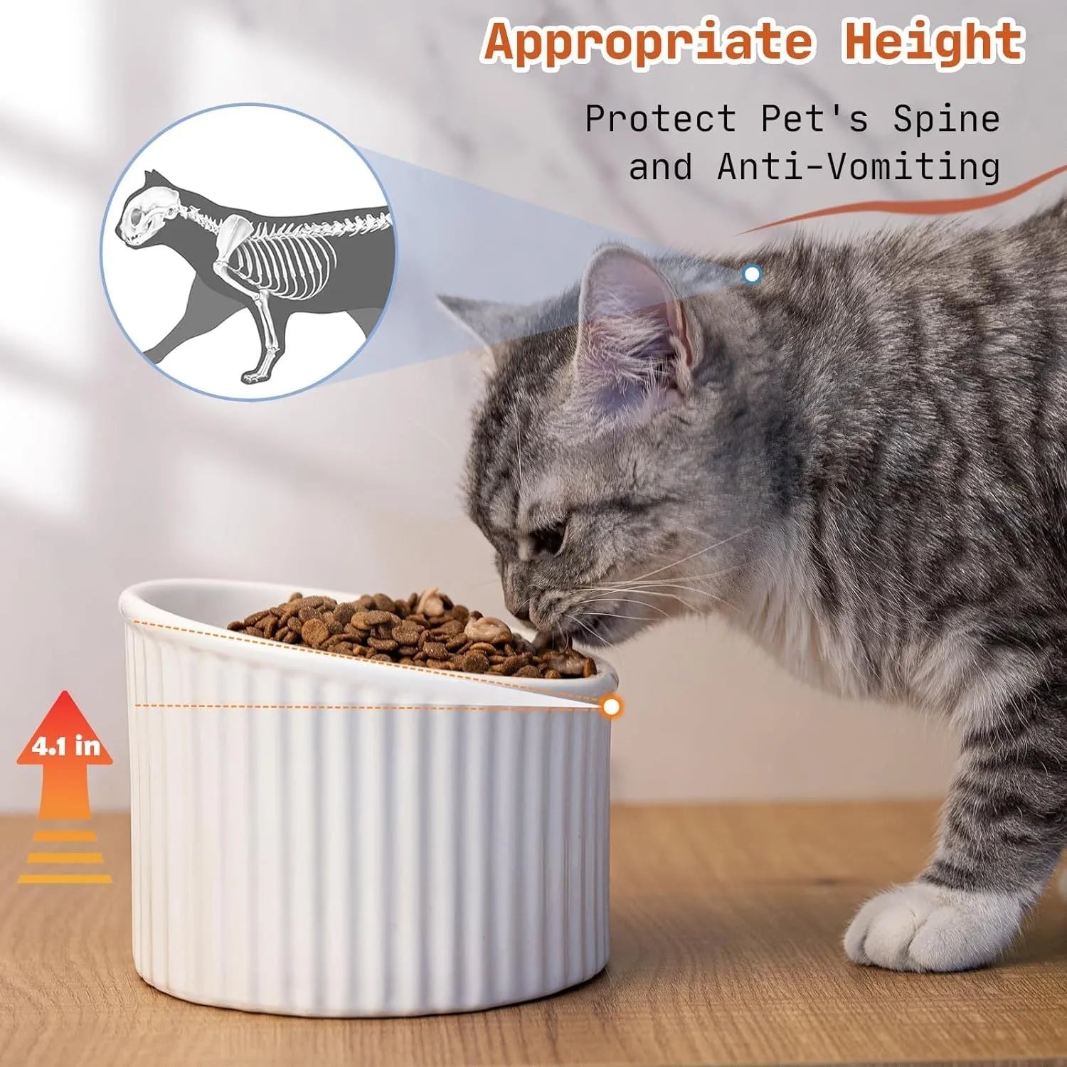 A ceramic elevated cat bowl with a tilted, round design shown in green, positioned on a floor.