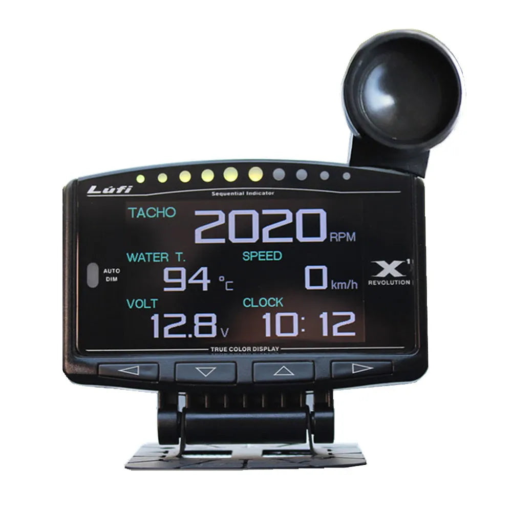 X1 automotive OBD diagnostic instrument with LED display and metal construction showing thickness measurement