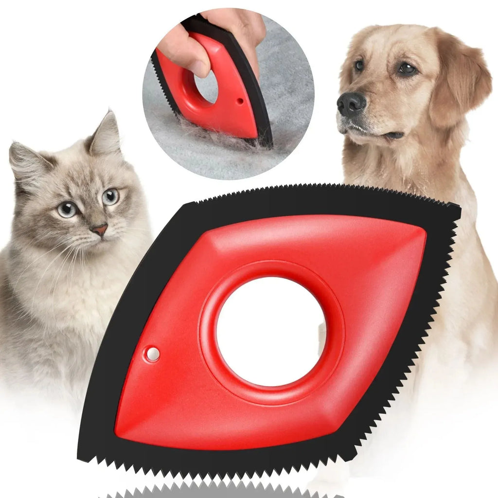 Silicone pet hair remover brush in red colour on a fabric sofa.