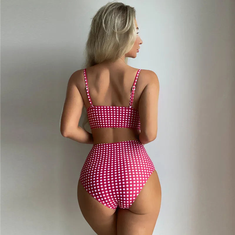 Women's plaid print bikini swimsuit with high-waisted bottoms and a matching top.
