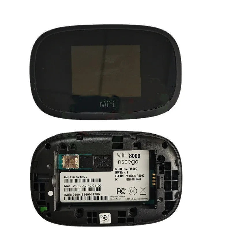 Black portable 4G wireless router with status lights, shown next to a SIM card and USB cable