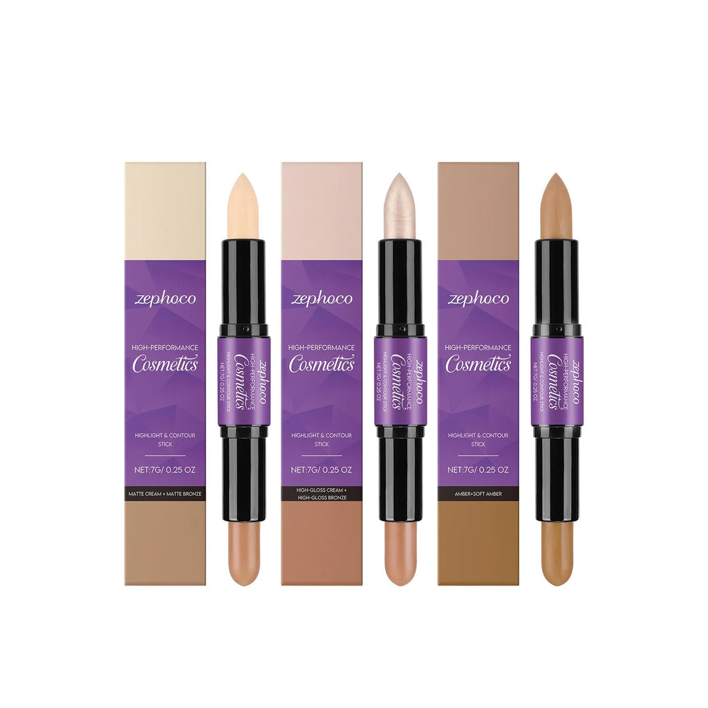 ZEPHOCO 2-in-1 cream highlighter and contour grooming stick set in matte, amber, or high gloss bronze.