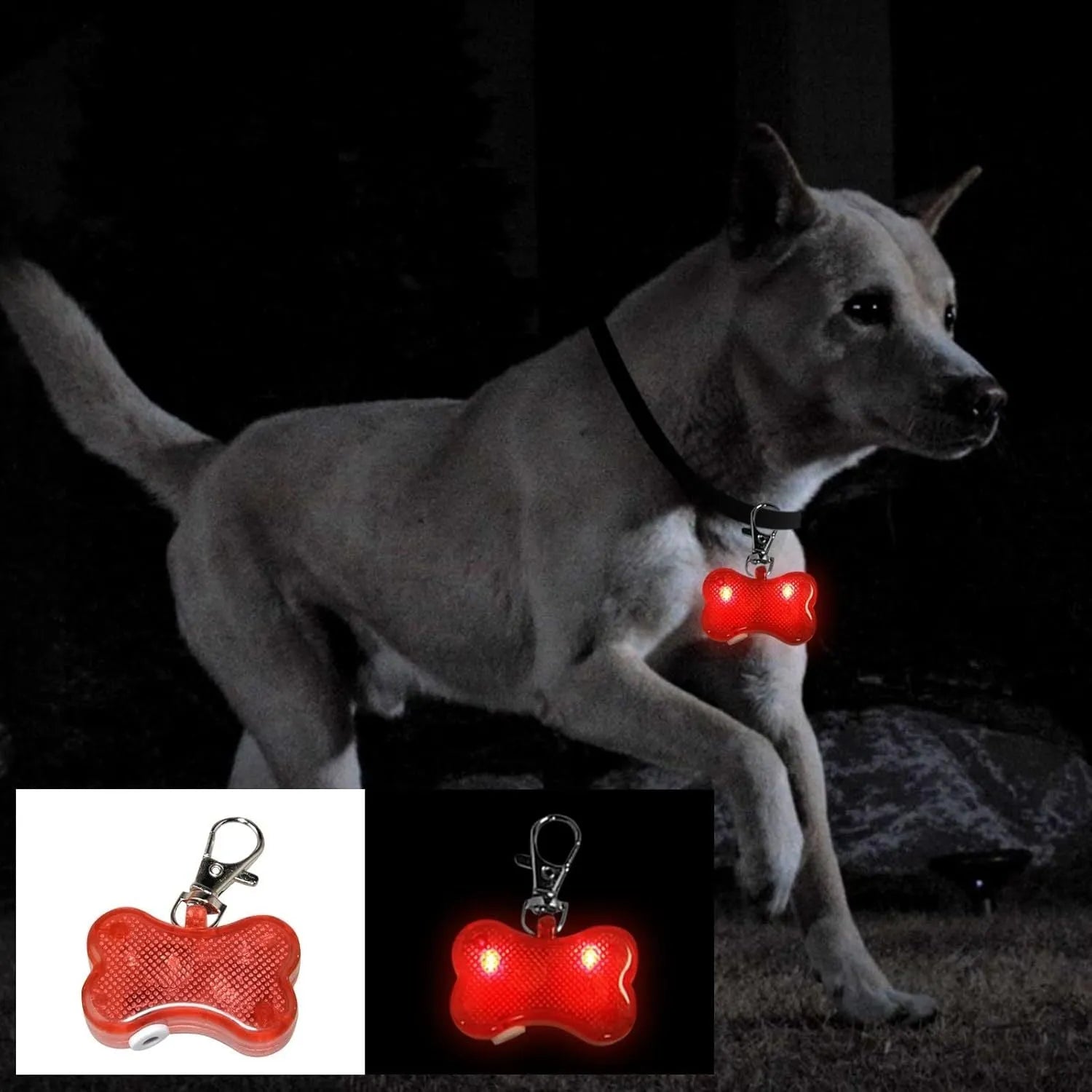 LED bone-shaped pendant for pet collars in various colours with three lighting modes