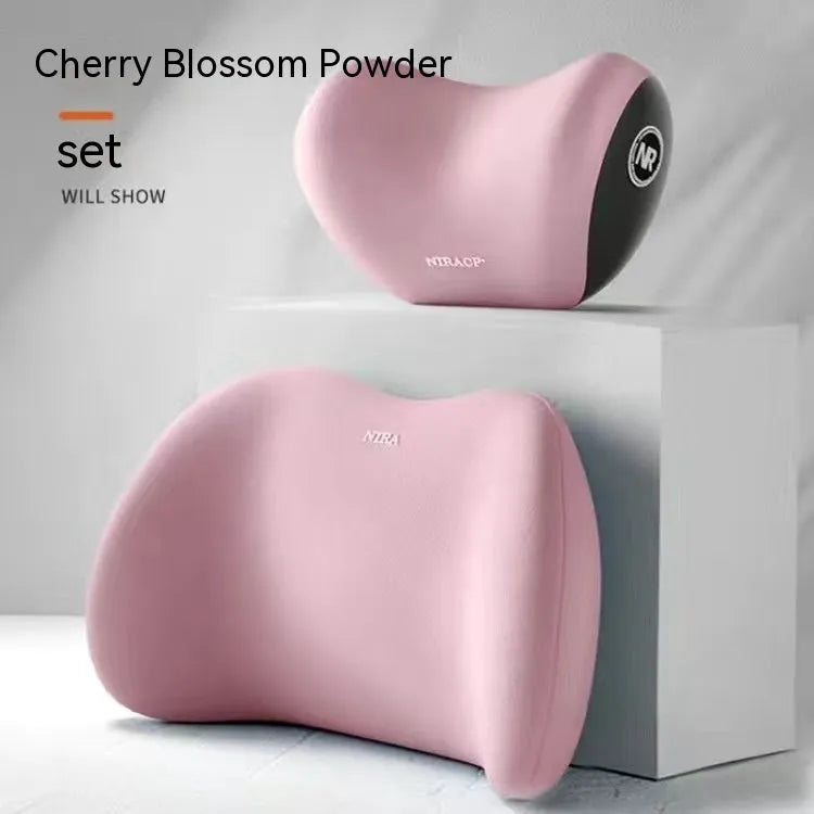 Black memory foam car headrest pillow and matching lumbar support pillow on a car seat.