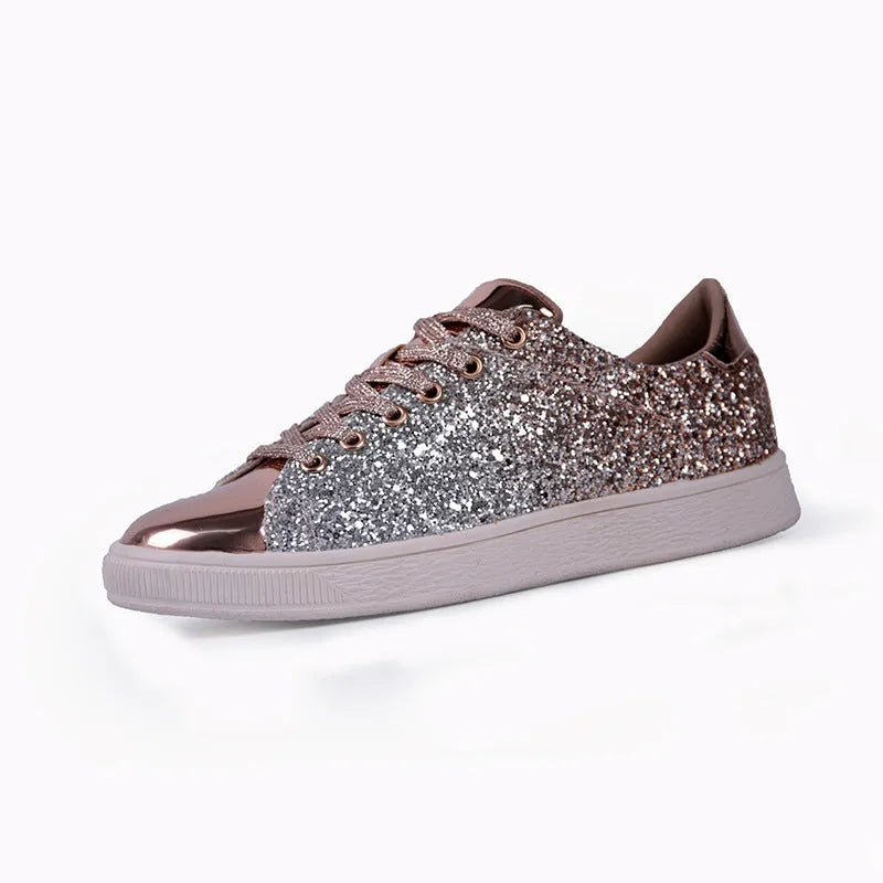 Women's colourful sequin low-top casual shoes in black, gold, or pink with lace-up front