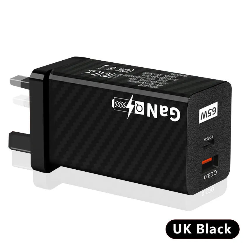 Gallium nitride 65W quick charger in white or black with international plug options for laptop charging
