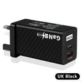 Gallium nitride 65W quick charger in white or black with international plug options for laptop charging