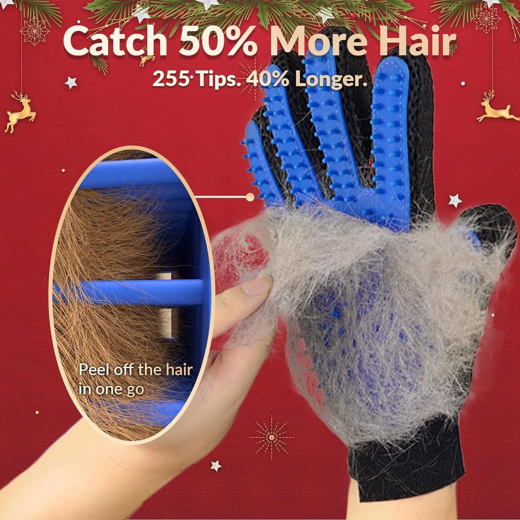 Blue pet grooming glove with silicone tips for shedding removal and gentle massage.