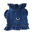 Blue denim dog dress with ruffles vest detail and a metal leash hook on the chest.