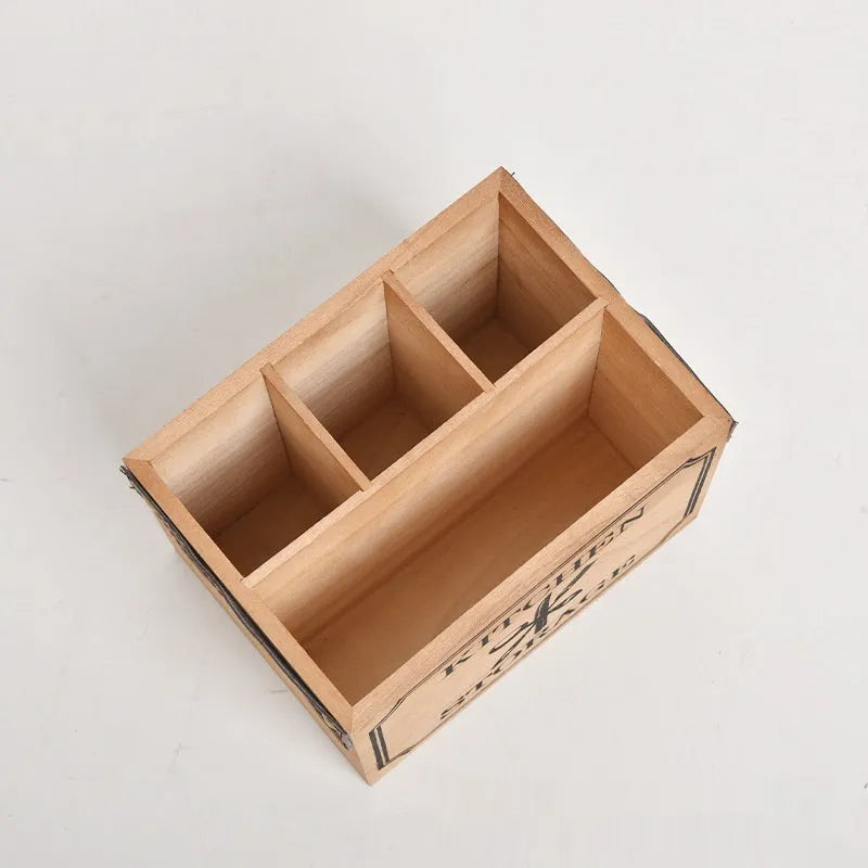 Wooden kitchen storage box with grid compartments for organising knives, forks and chopsticks