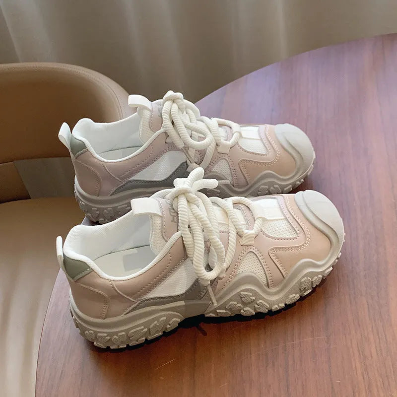 Women's casual mesh board shoes sneakers in beige with low-top silhouette, round toe, and front lacing