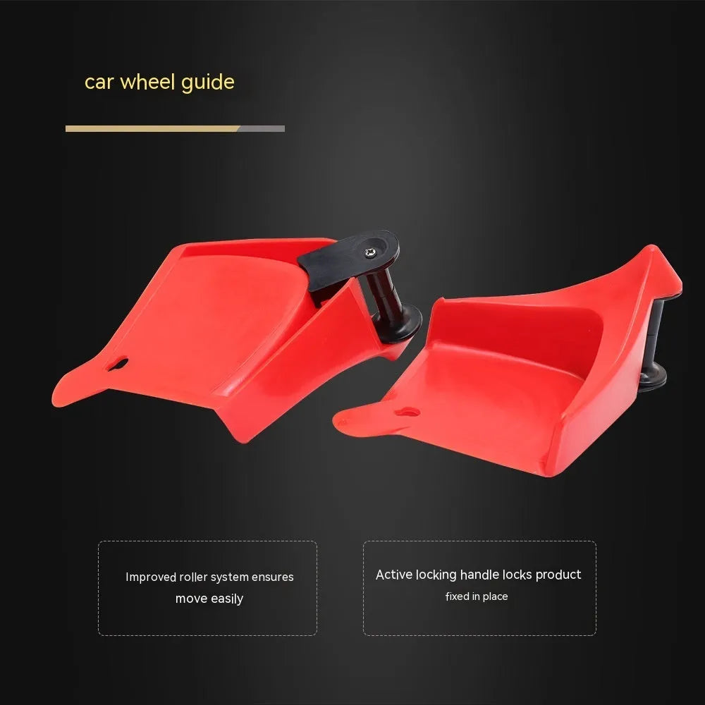 Set of four bright red, wedge-shaped rubber parking blocks for car tyres.