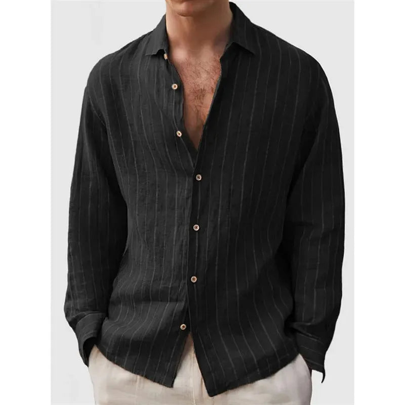 Man wearing loose fit striped polyester shirt with short sleeves in cardigan style