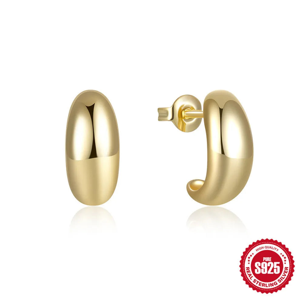 Sterling silver C-shaped stud earrings with glossy electroplated finish