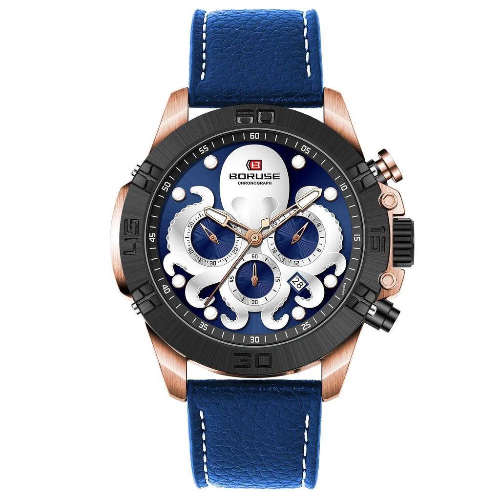Men's octopus design waterproof quartz watch with luminous display in blue or black colour options
