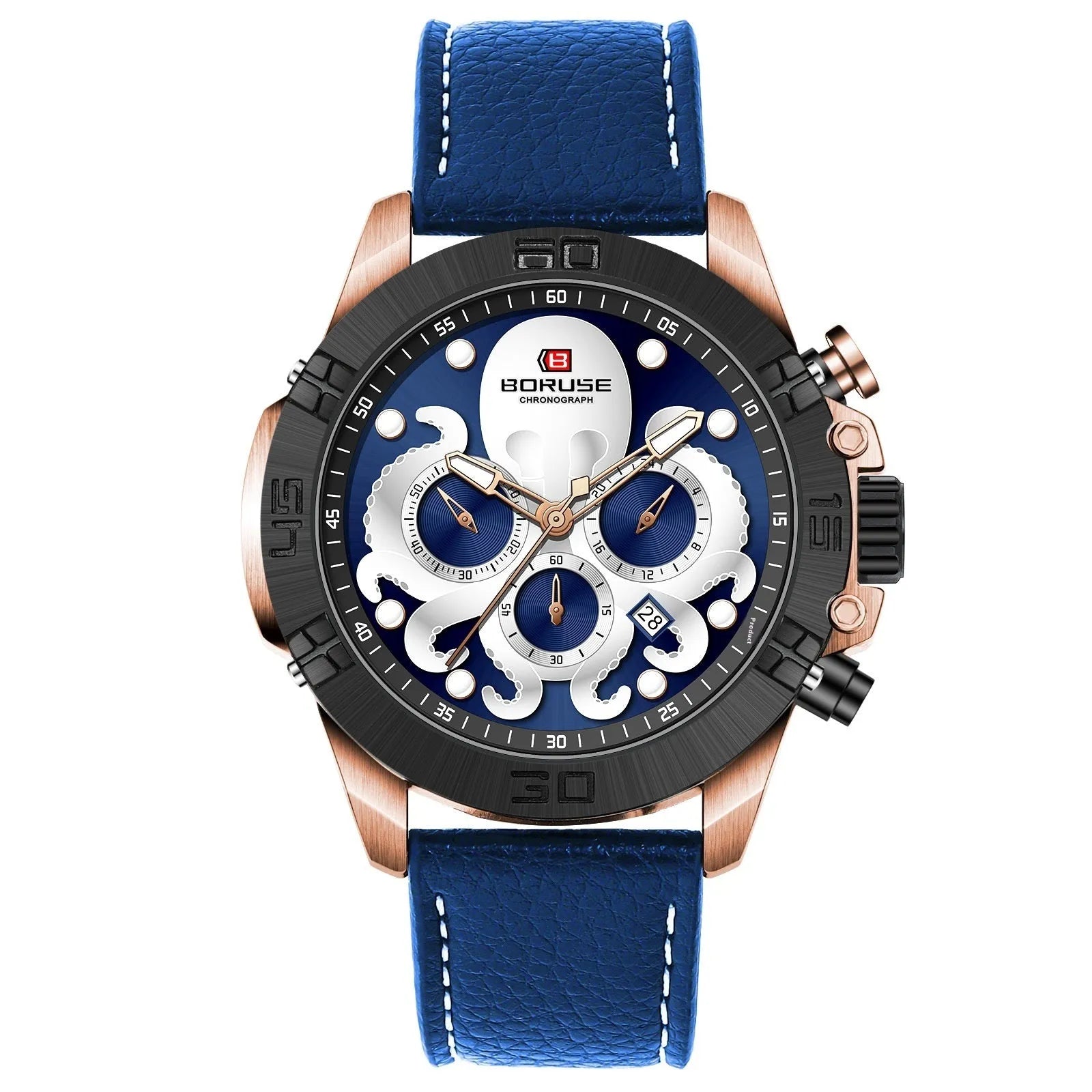 Men's octopus design waterproof quartz watch with luminous display in blue or black colour options