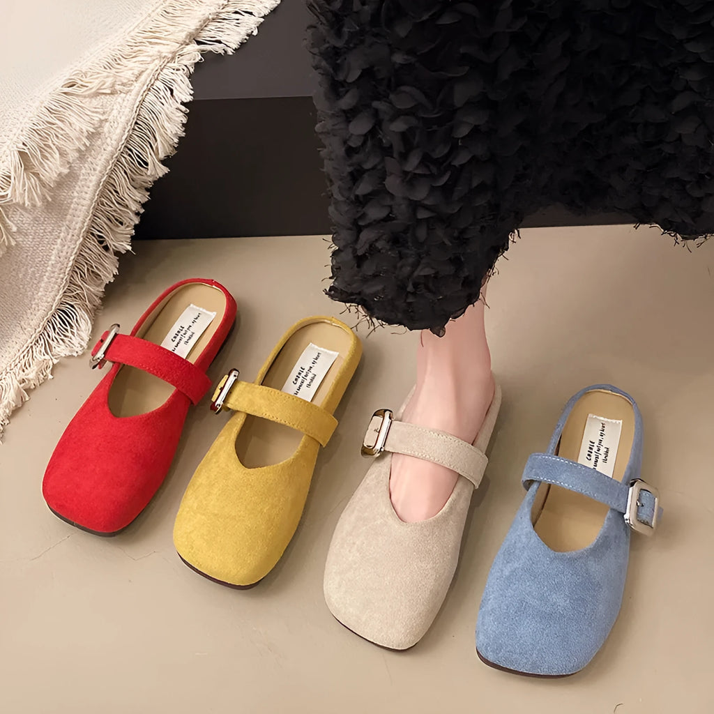 Women's flat closed toe square head slippers in four colour options with rubber sole
