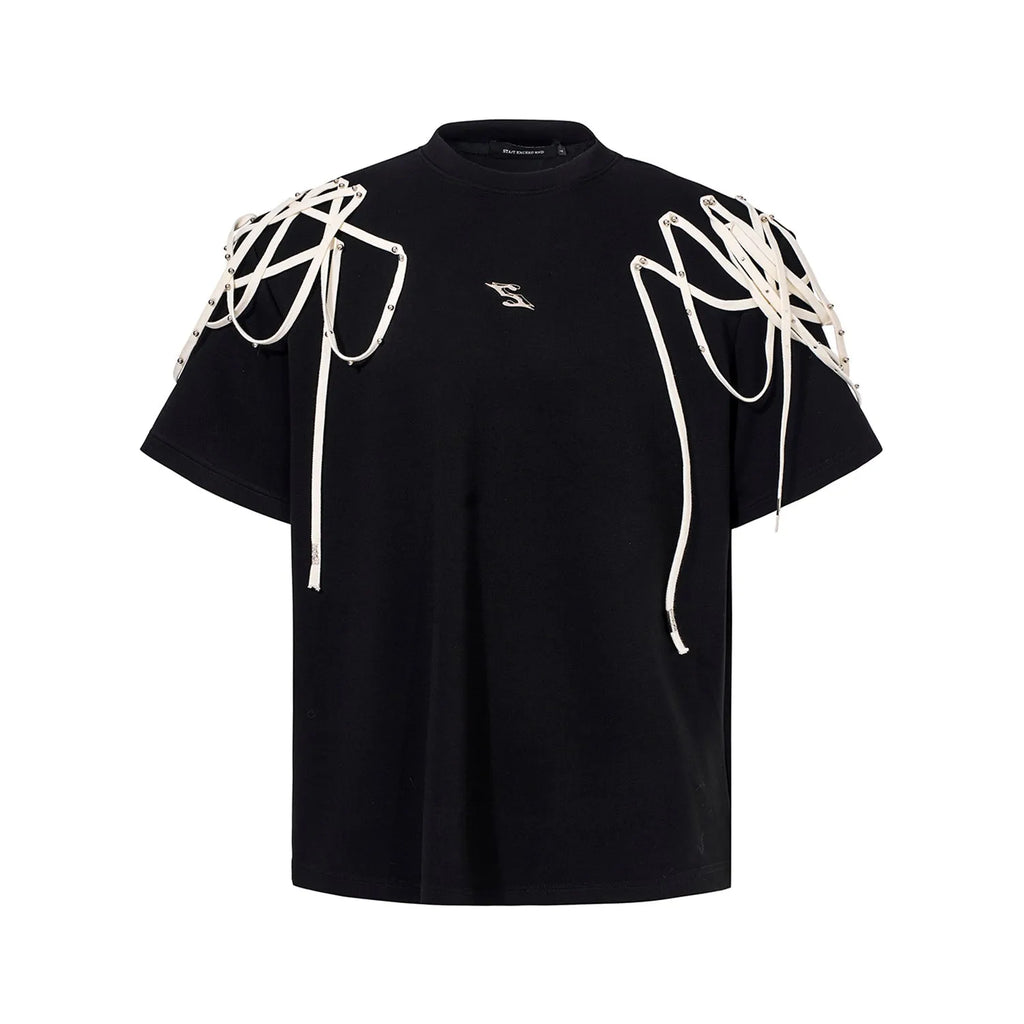 Black loose fit T-shirt with padded shoulders featuring rivet ribbon detailing, short sleeves and round neck collar