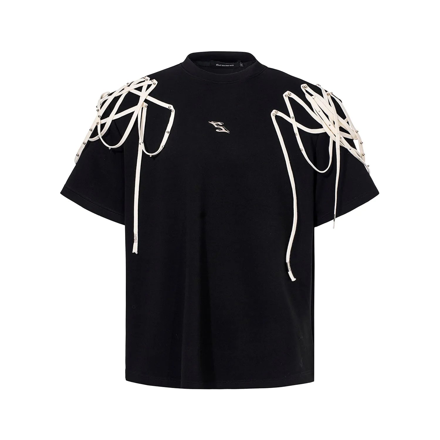 Black loose fit T-shirt with padded shoulders featuring rivet ribbon detailing, short sleeves and round neck collar