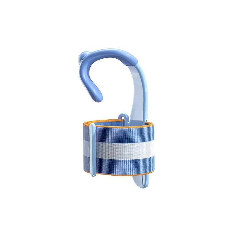 Blue anti-hook pen control corrector wrist brace on a child's hand holding a pencil.