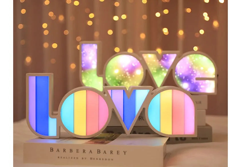 Rainbow coloured LED LOVE decorative light with plastic housing for Valentine's Day and wedding decoration