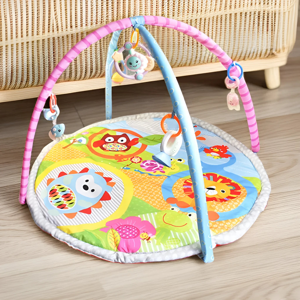 Colourful velvet baby gymnastic blanket with animal designs for crawling and play.