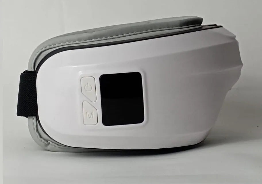White eye massager with 16D airbag system, hot compress, and Bluetooth music for migraine relief