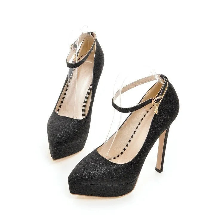 Women's waterproof platform stilettos in black with ankle bandage buckle and 13cm heel