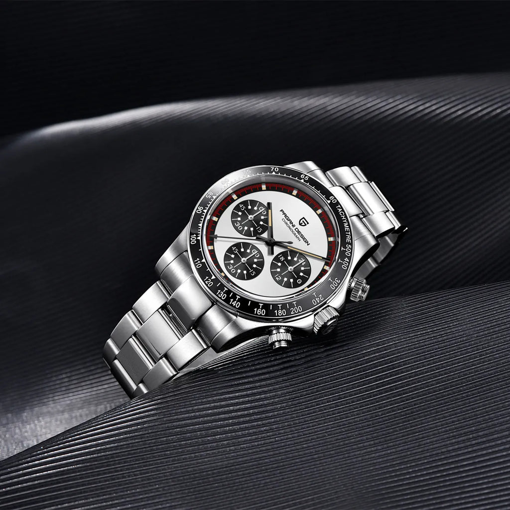 Men's stainless steel chronograph watch with black dial and Seiko VK63 quartz movement.