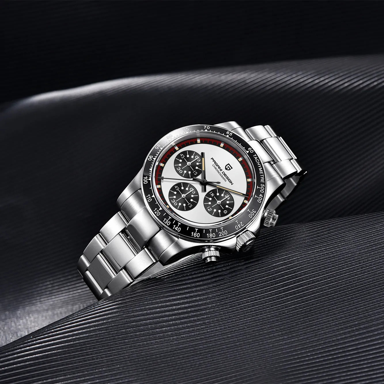 Men's stainless steel chronograph watch with black dial and Seiko VK63 quartz movement.