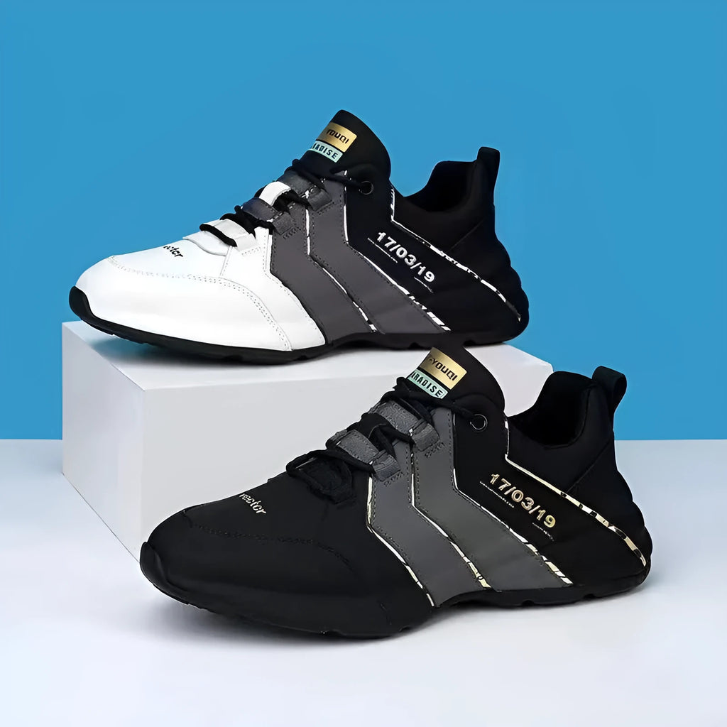 Low-top round-toe casual sneakers for teenagers with thick plastic sole and mesh lining.