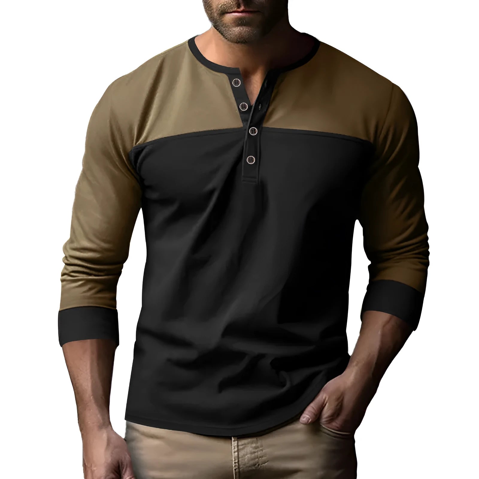 Men's retro colour block long sleeve base shirt with upper black and lower brown sections, polyester pullover style