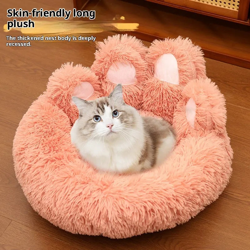 Plush thickened pet bed in coffee colour with hand-shaped brush nest design, a large dog mat for indoor use.