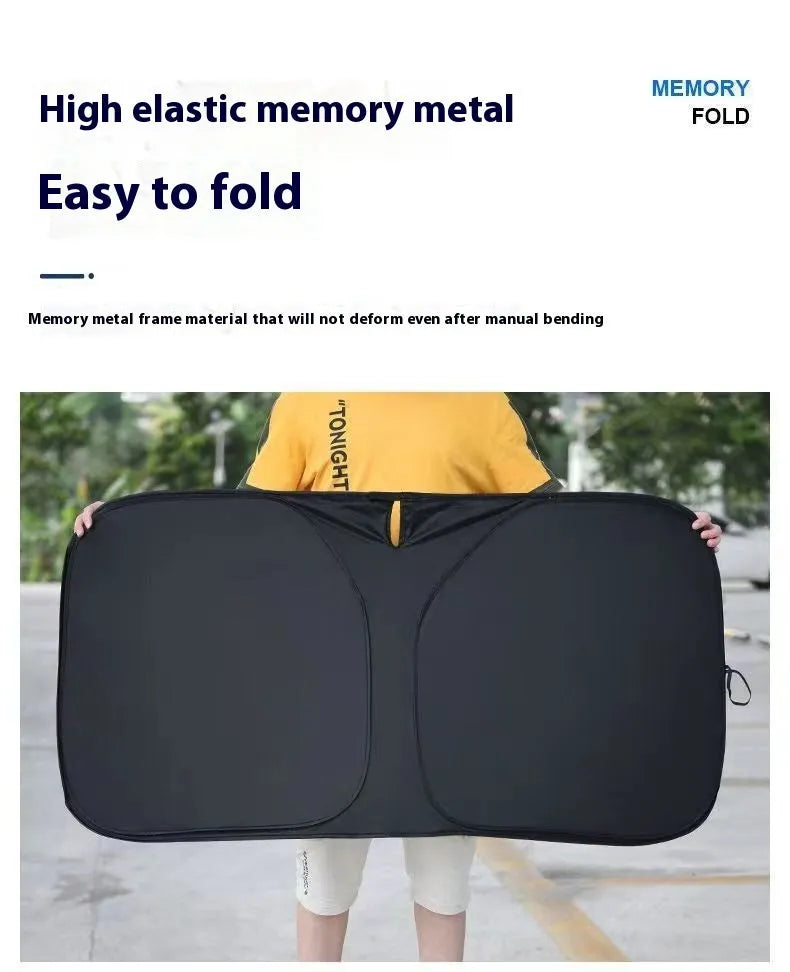 Titanium silver aluminium foil car sunshade folded, showing reflective surface and size options for windscreen heat protection.
