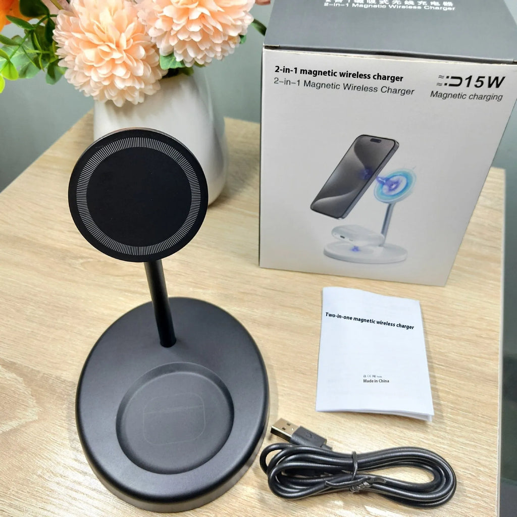 White vertical wireless charger with cooling holes showing smartphone charging at 30W
