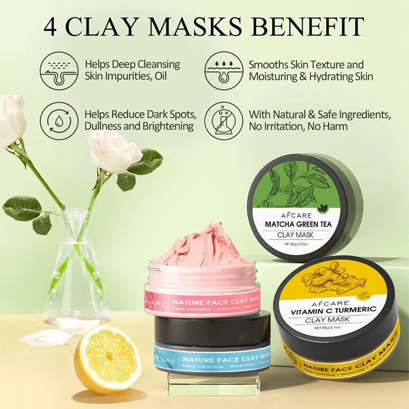 Four-pack Dead Sea mud clay masks with Green Tea, Turmeric and Rose extracts